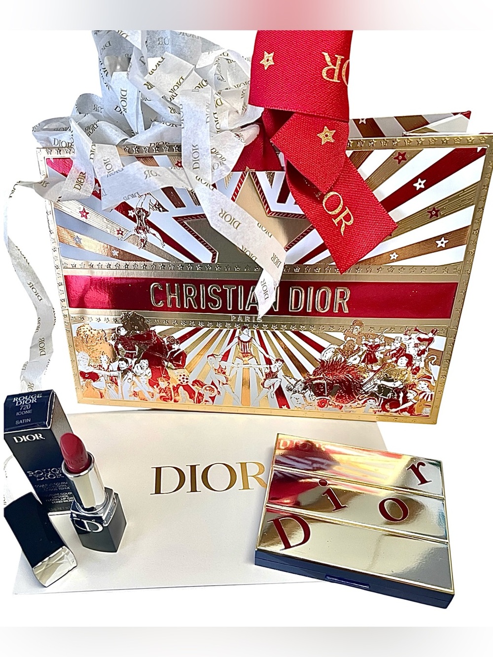 Dior Rough Lipstick Set 720 & Compact/3 brush on in Red&Gold Festive Gift Bag